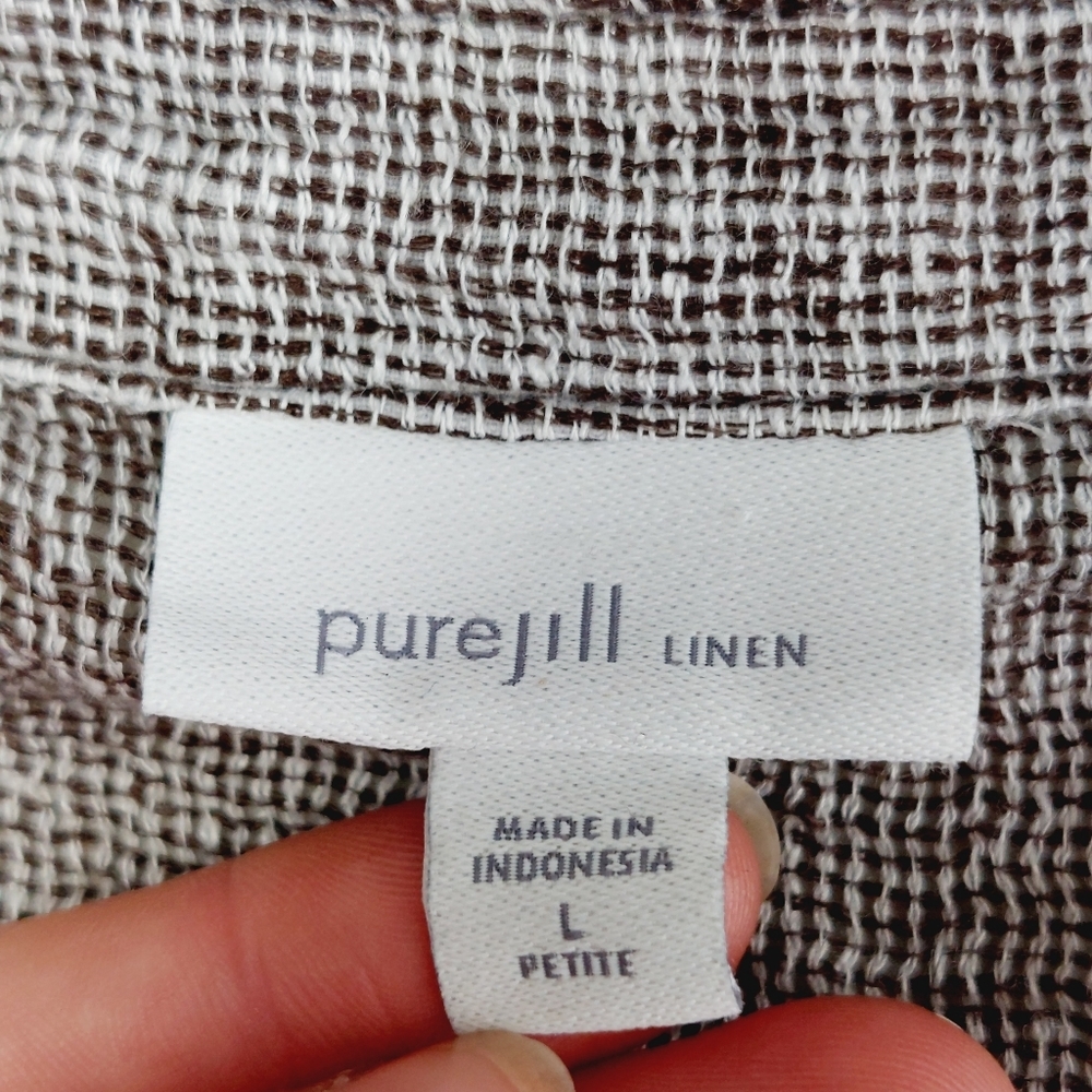 J. Jill Linen Brown and White Woven Sheer Popover V-Neck 3/4 Sleeve Blouse P5584 - Picture 5 of 7